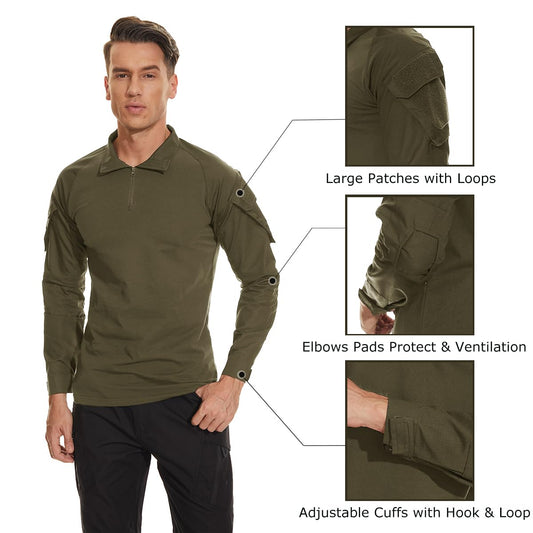 TACVASEN Tactical Shirt for Men 1/4 Zip Combat Shirt Long Sleeve with Pockets Army Pullover Military Lightweight Hiking Shooting Training Green M