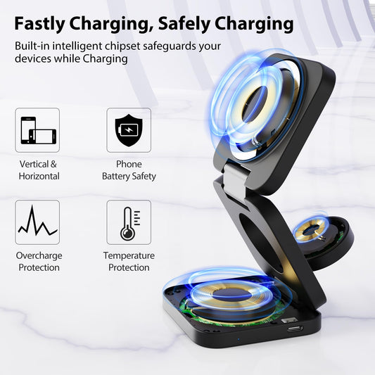 KU XIU X55 Foldable 3 in 1 Charging Station for Apple Devices, 15W Fast Magnetic Wireless Charger, Magent Travel Charger Stand for iPhone 16 15 14 13 12 Series, 5W for Apple Watch, AirPods-Black