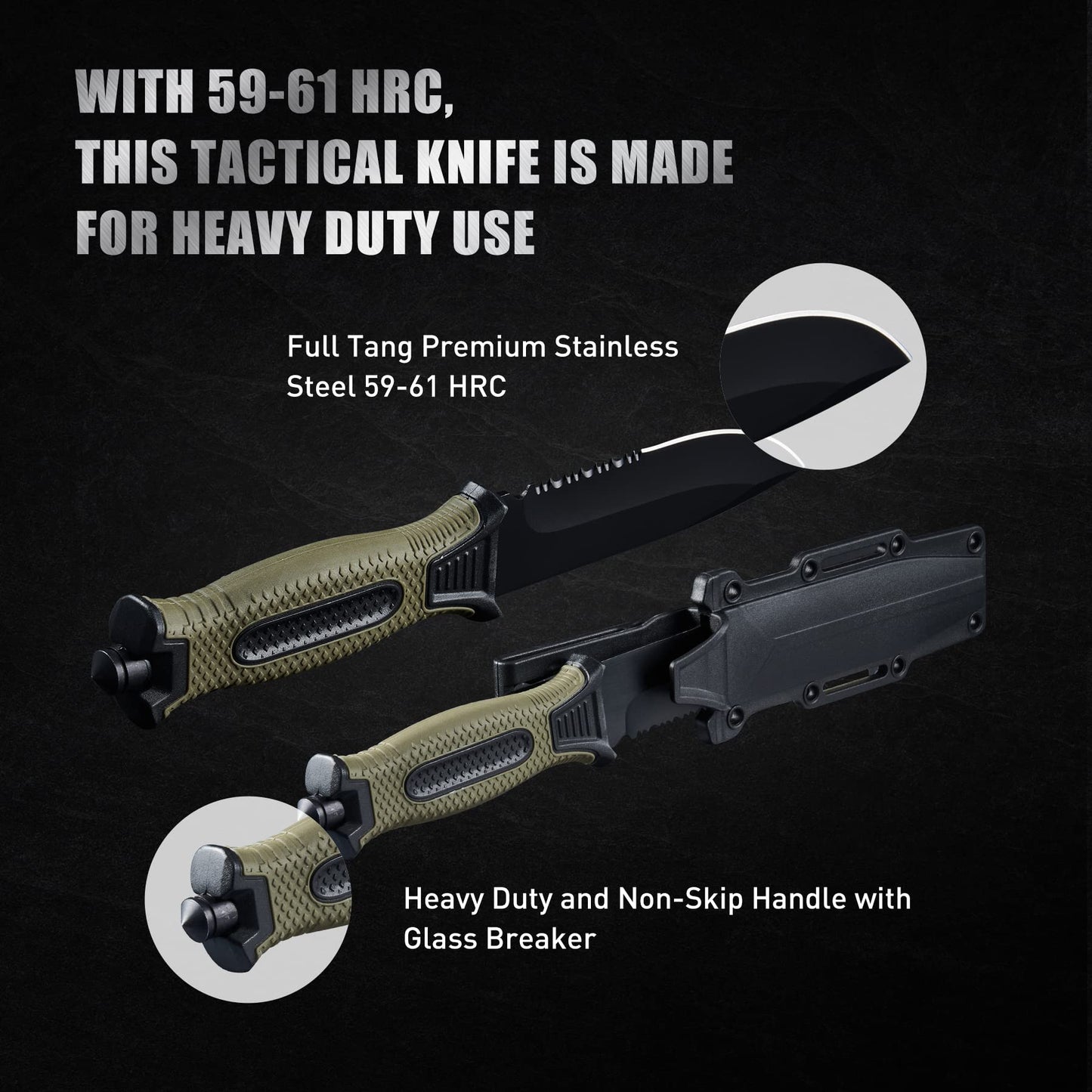 Leopcito 10" Fixed Blade Tactical Knives with Sheath and Clip, Stainless Steel Survival Hunting Bushcraft Full Tang Non-Slip Handle Knife for Camping, Hunting, Adventure, Outdoors, EDC,Military Green