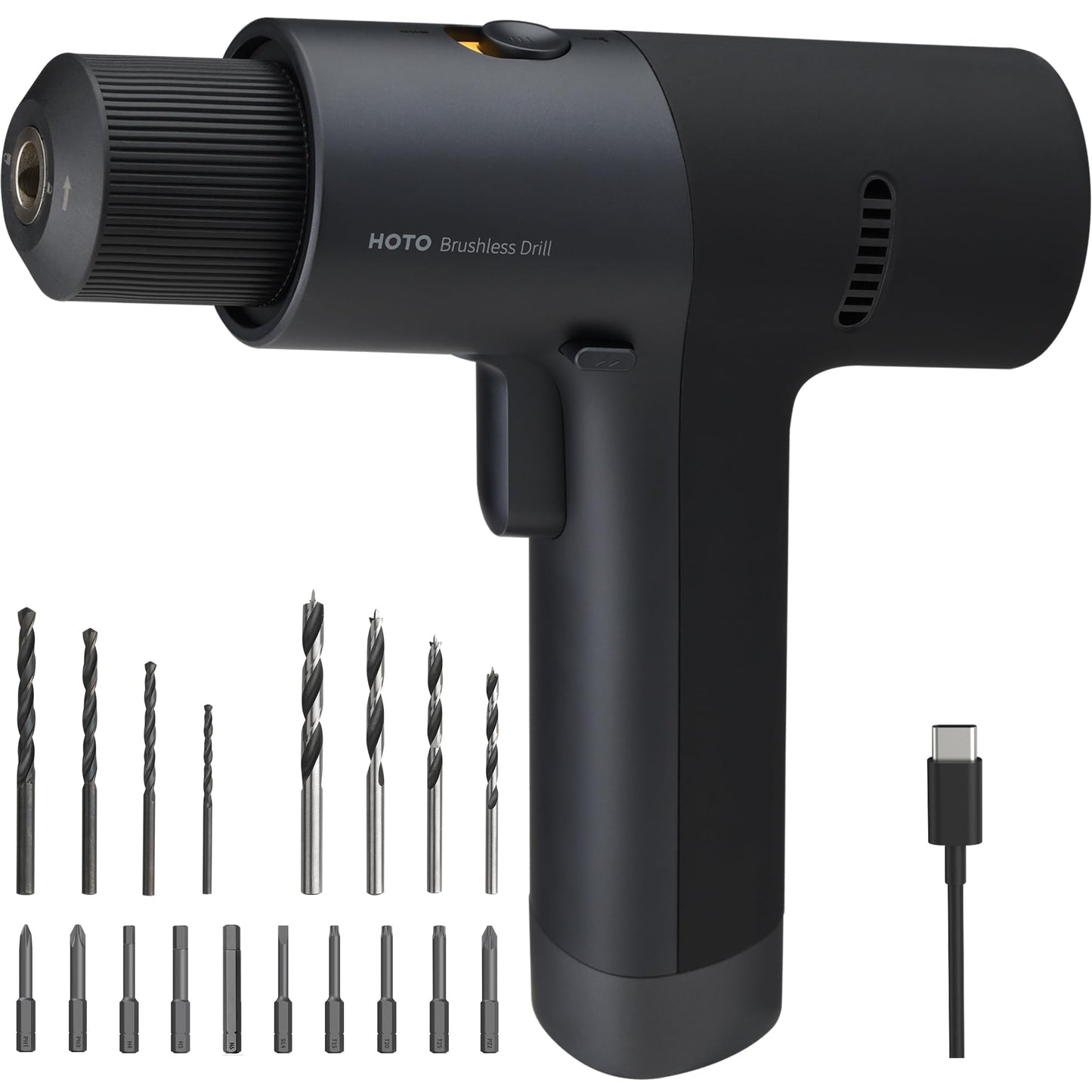 HOTO Cordless Brushless Drill 12V, LED Display Screen, 30 Precision Gears, 2 Working Modes, 2000mAh Battery, 266 In-lbs (30N·m) Torque, 3/8 Inch Keyless Chuck, 1400RPM, 10 x Bits, 8 x Drill Bits