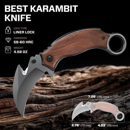 Karambit Knife with Wood Handle - Folding Curved Sharp Claw Blade - Best Pocket Knives for Camping Hiking EDC Survival Work Indoor and Outdoor Activities - Birthday Gifts Ideas for Men & Women X-52