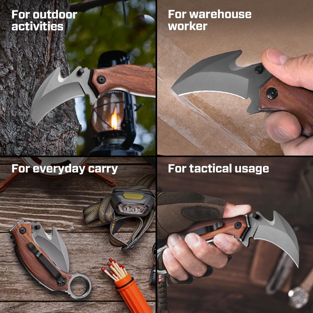 Karambit Knife with Wood Handle - Folding Curved Sharp Claw Blade - Best Pocket Knives for Camping Hiking EDC Survival Work Indoor and Outdoor Activities - Birthday Gifts Ideas for Men & Women X-52