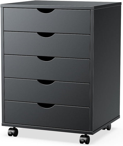 Sweetcrispy 5 Drawer Chest Mobile Storage Cabinets Small Wooden Dresser with Wheels Room Organization Furniture for Office Home, Dark Black Wood