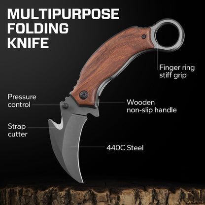 Karambit Knife with Wood Handle - Folding Curved Sharp Claw Blade - Best Pocket Knives for Camping Hiking EDC Survival Work Indoor and Outdoor Activities - Birthday Gifts Ideas for Men & Women X-52