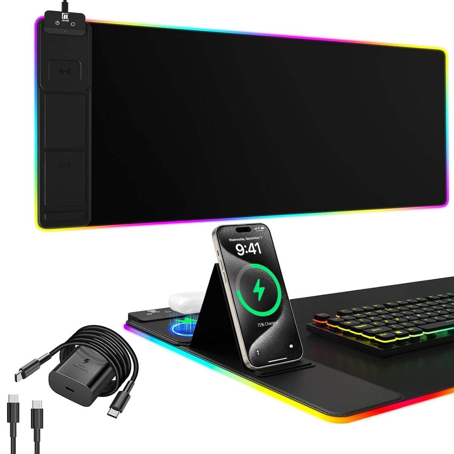 Mouse Pad with Phone Holder, Wireless Charging Desk Mat, RGB Gaming Mousepad Home Office Large Desk Pad with Ultra-Smooth Surface, Non-Slip Base, Waterproof Keyboard Pad,Black with 20W USB C Charger
