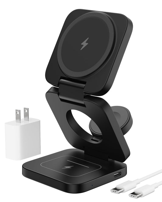 KU XIU X55 Foldable 3 in 1 Charging Station for Apple Devices, 15W Fast Magnetic Wireless Charger, Magent Travel Charger Stand for iPhone 16 15 14 13 12 Series, 5W for Apple Watch, AirPods-Black