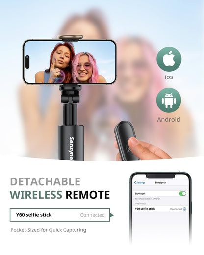 Sensyne 60" Phone Tripod - Selfie Stick, Lightweight All in One Phone Tripod Integrated with Wireless Remote Compatible with All Cell Phones for Selfie/Video Recording/Photo/Live Stream/Vlog（Black）