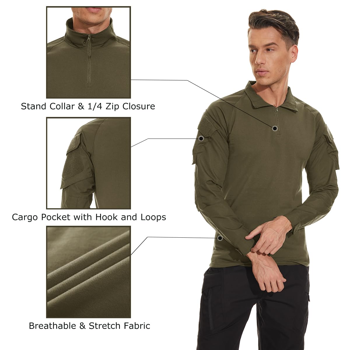TACVASEN Tactical Shirt for Men 1/4 Zip Combat Shirt Long Sleeve with Pockets Army Pullover Military Lightweight Hiking Shooting Training Green M