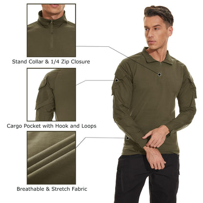 TACVASEN Tactical Shirt for Men 1/4 Zip Combat Shirt Long Sleeve with Pockets Army Pullover Military Lightweight Hiking Shooting Training Green M
