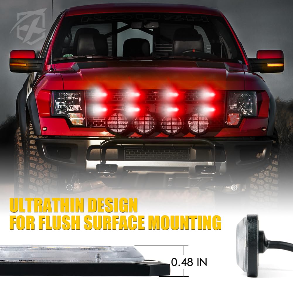 Xprite White Red LED Surface Mount Strobe Lights Kit, w/Control Panel Emergency Safety Warning Flashing Grille Cop Marker Light Assembly for Vehicles Trucks ATV UTV Motorcycle 8PCS