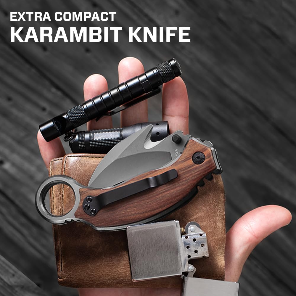 Karambit Knife with Wood Handle - Folding Curved Sharp Claw Blade - Best Pocket Knives for Camping Hiking EDC Survival Work Indoor and Outdoor Activities - Birthday Gifts Ideas for Men & Women X-52