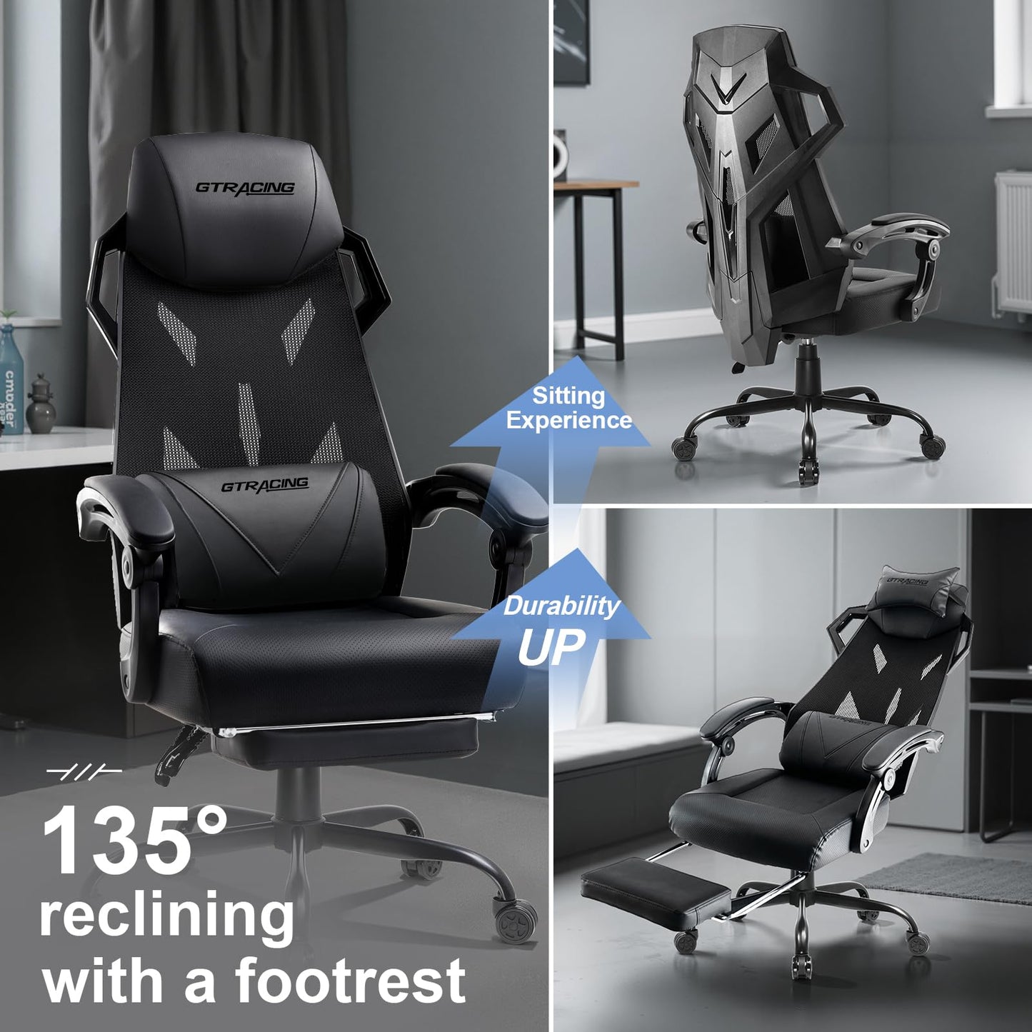 GTRACING Gaming Chair, Computer Chair with Mesh Back, Ergonomic Gaming Chair with Footrest, Reclining Gamer Chair with Adjustable Headrest and Lumbar Support for Gaming and Office (Black)