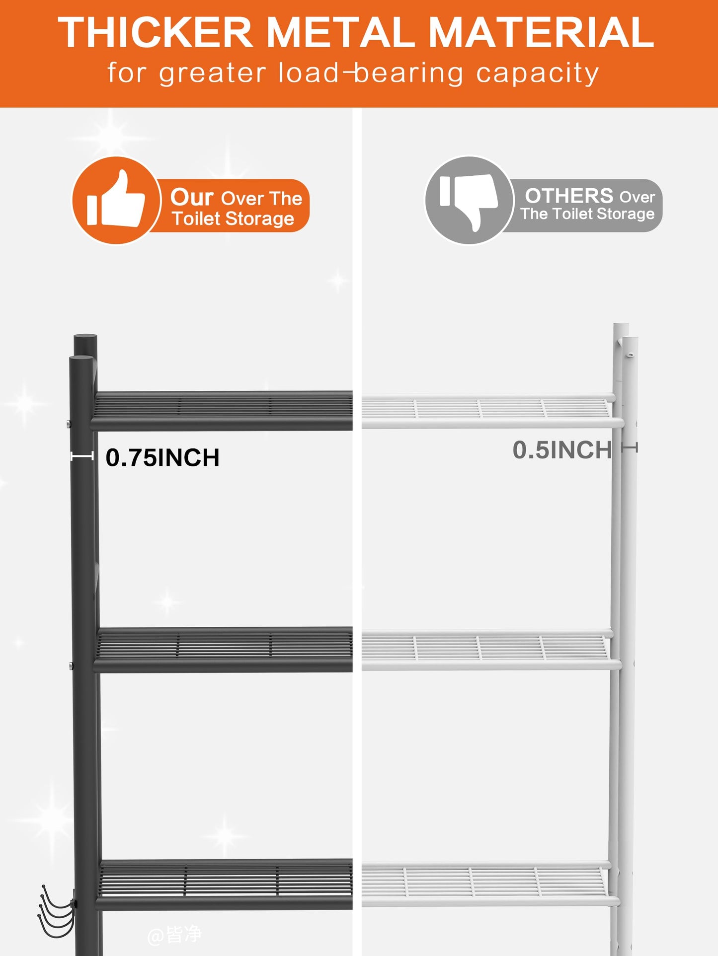 GloTika 3-Tier Over The Toilet Storage, Space Saver Metal Bathroom Shelves, Freestanding Above Over Toilet Storage Shelf with 4 Hooks for Bathroom, Black