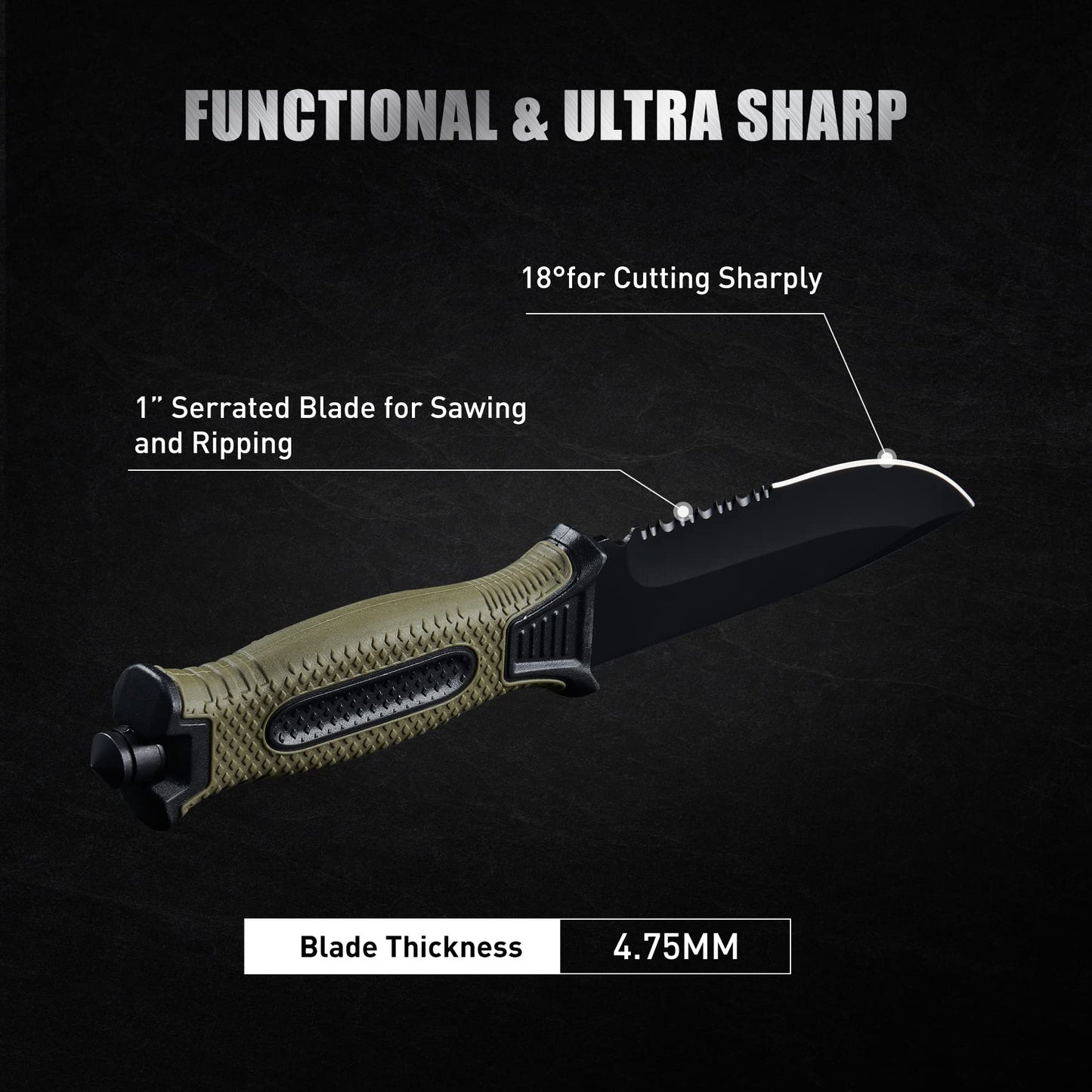 Leopcito 10" Fixed Blade Tactical Knives with Sheath and Clip, Stainless Steel Survival Hunting Bushcraft Full Tang Non-Slip Handle Knife for Camping, Hunting, Adventure, Outdoors, EDC，Military Green