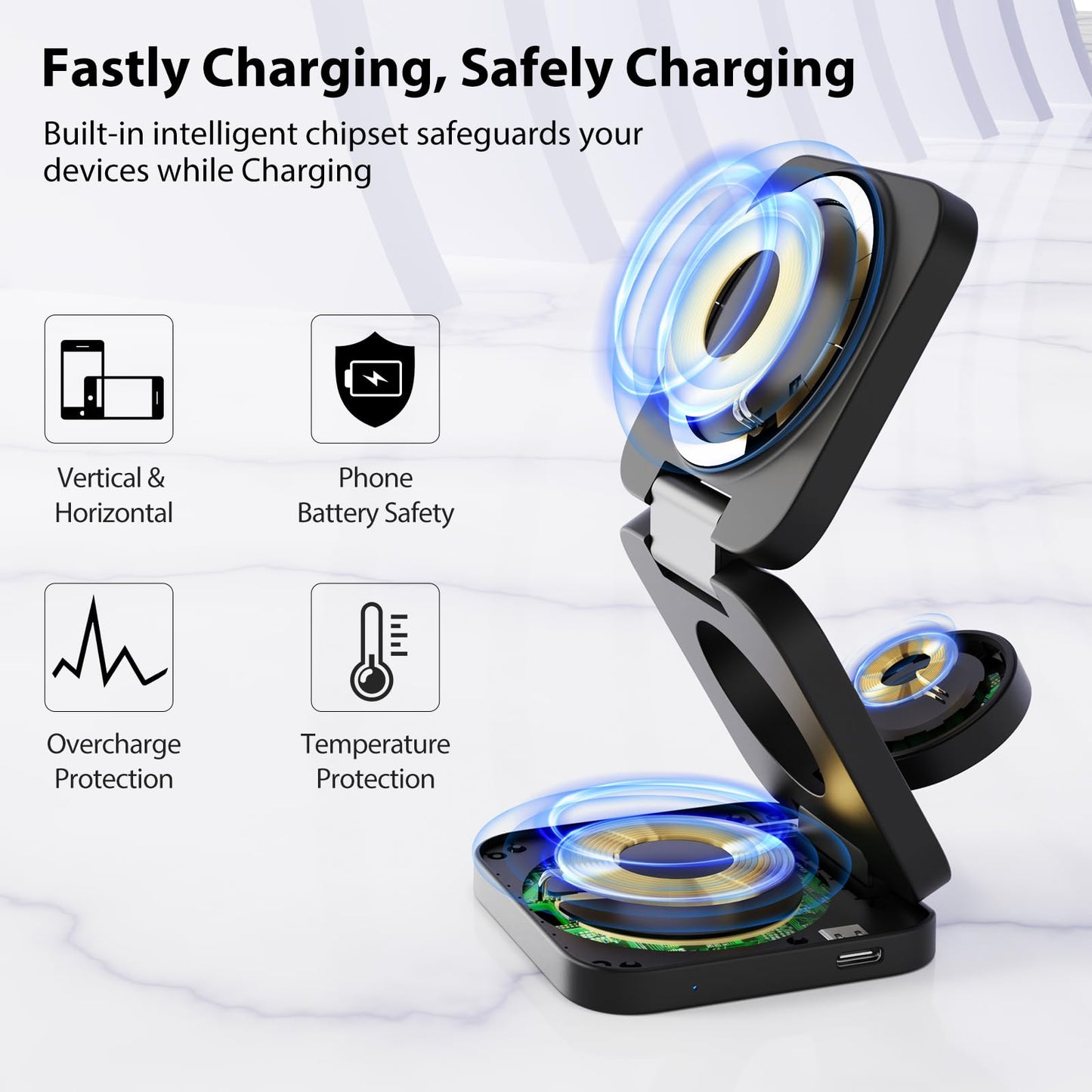 KU XIU X55 Foldable 3 in 1 Charging Station for Apple Devices, 15W Fast Magnetic Wireless Charger, Magent Travel Charger Stand for iPhone 16 15 14 13 12 Series, 5W for Apple Watch, AirPods-Black