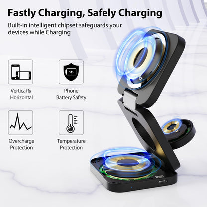 KU XIU X55 Foldable 3 in 1 Charging Station for Apple Devices, 15W Fast Magnetic Wireless Charger, Magent Travel Charger Stand for iPhone 16 15 14 13 12 Series, 5W for Apple Watch, AirPods-Black