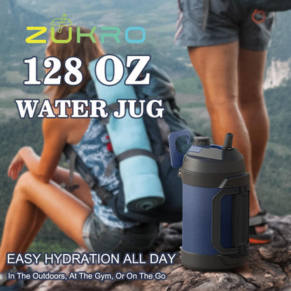 Zukro 1 Gallon Water Jug, One Gallon Large Triple Wall Insulated Metal Jug With Straw and Spout, No Sweat 128 oz Stainless Steel Sport Water Bottle Keeps Cold 48 Hours for Outdoors,