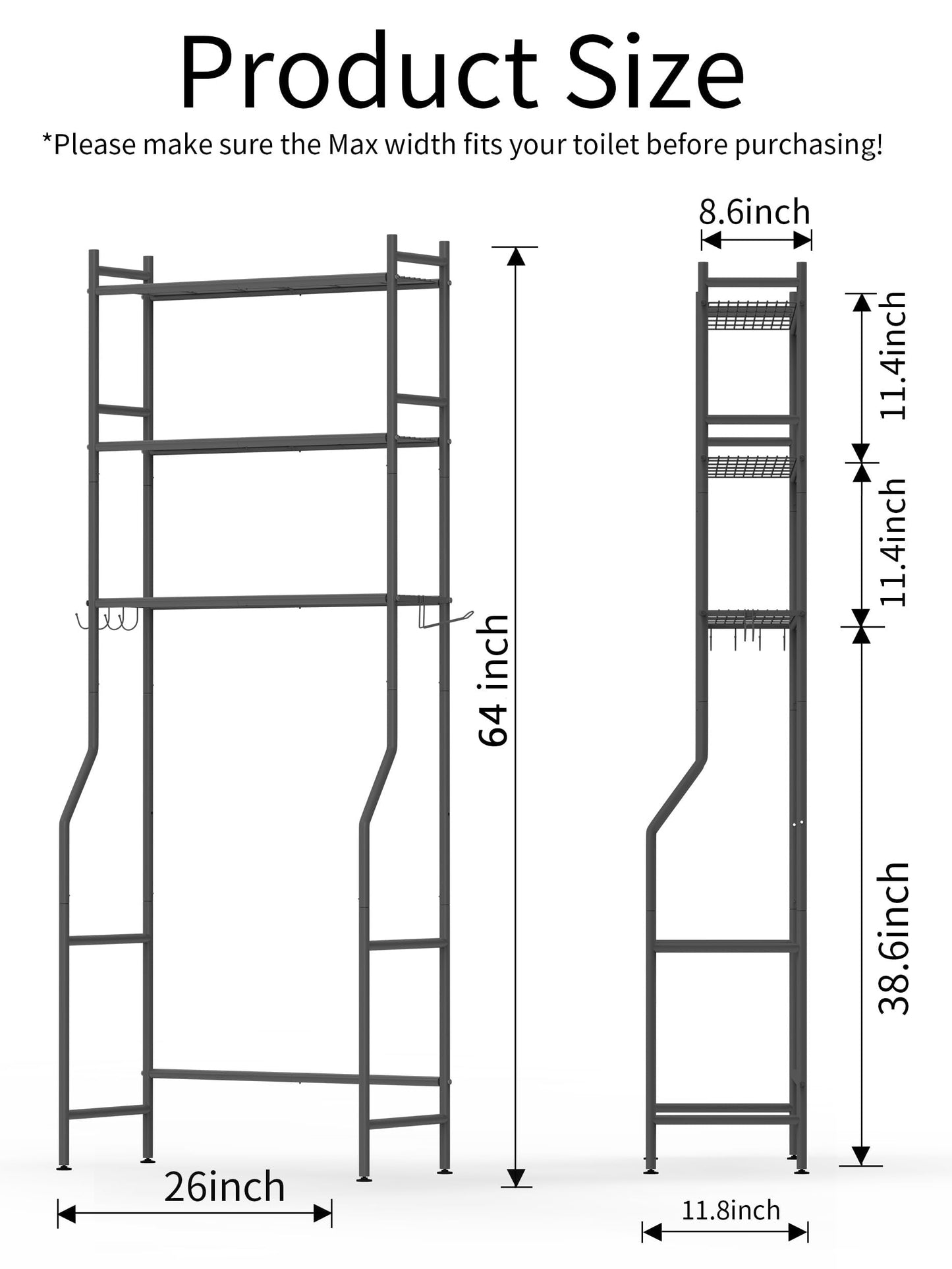 GloTika 3-Tier Over The Toilet Storage, Space Saver Metal Bathroom Shelves, Freestanding Above Over Toilet Storage Shelf with 4 Hooks for Bathroom, Black