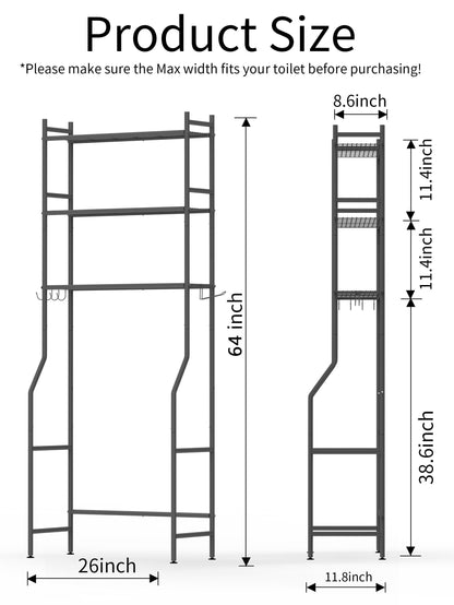 GloTika 3-Tier Over The Toilet Storage, Space Saver Metal Bathroom Shelves, Freestanding Above Over Toilet Storage Shelf with 4 Hooks for Bathroom, Black
