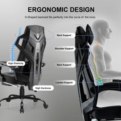 GTRACING Gaming Chair, Computer Chair with Mesh Back, Ergonomic Gaming Chair with Footrest, Reclining Gamer Chair with Adjustable Headrest and Lumbar Support for Gaming and Office (Black)