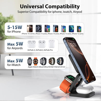 KU XIU X55 Foldable 3 in 1 Charging Station for Apple Devices, 15W Fast Magnetic Wireless Charger, Magent Travel Charger Stand for iPhone 16 15 14 13 12 Series, 5W for Apple Watch, AirPods-Black