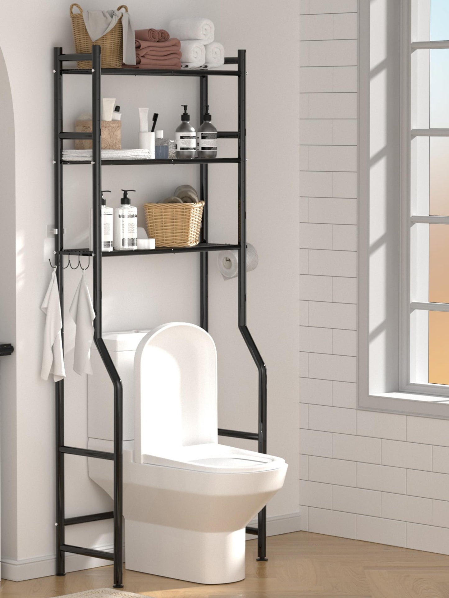 GloTika 3-Tier Over The Toilet Storage, Space Saver Metal Bathroom Shelves, Freestanding Above Over Toilet Storage Shelf with 4 Hooks for Bathroom, Black