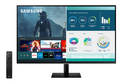 SAMSUNG 32-inch 4K UHD Smart Monitor with Adaptive Picture, Ultrawide Game View, Built-In Speakers, Remote, HDMI, USB-C, 2021 Model LS32AM702UNXZA, Black
