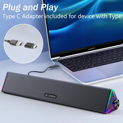 LENRUE Computer Speakers for Desktop,PC Speakers with Single USB for Power and Stereo Sound,Touch Lights Gaming Speakers Sound bar for Desktop PC Monitor Laptop(USB-C Adapter Included)
