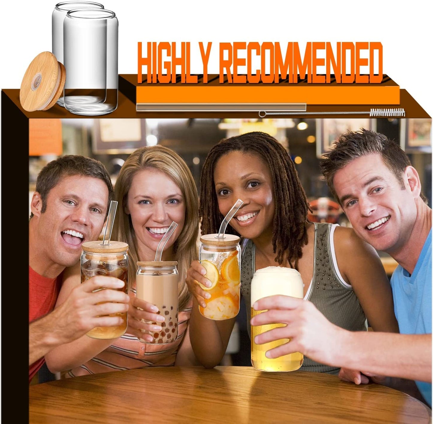 Glass Cups with Lids and Straws 6 pcs, 16 oz-DWTS Cute Tumbler,Beer Drinking Glasses,Clear for Iced Coffee, Tea with Bamboo Lids for Gifts