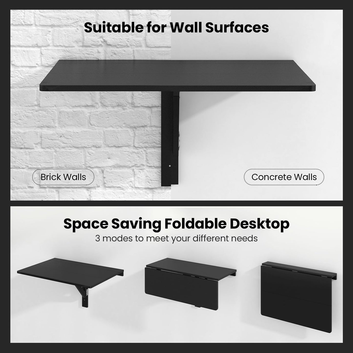 Tangkula 31.5" Wall Mounted Folding Desk, Drop-Leaf Floating Desk with Spacious Surface, Space-Saving Foldable Wall Table for Study, Bedroom, Bathroom, Balcony & Small Spaces