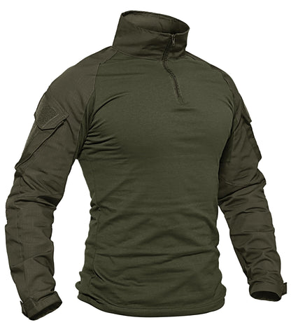 TACVASEN Tactical Shirt for Men 1/4 Zip Combat Shirt Long Sleeve with Pockets Army Pullover Military Lightweight Hiking Shooting Training Green M