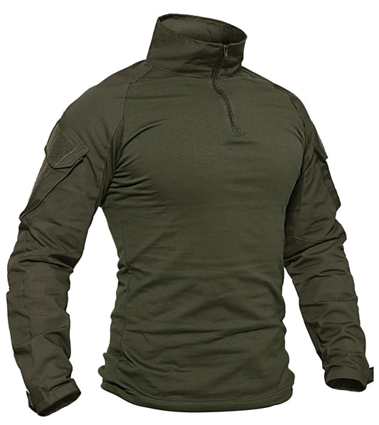 TACVASEN Tactical Shirt for Men 1/4 Zip Combat Shirt Long Sleeve with Pockets Army Pullover Military Lightweight Hiking Shooting Training Green M