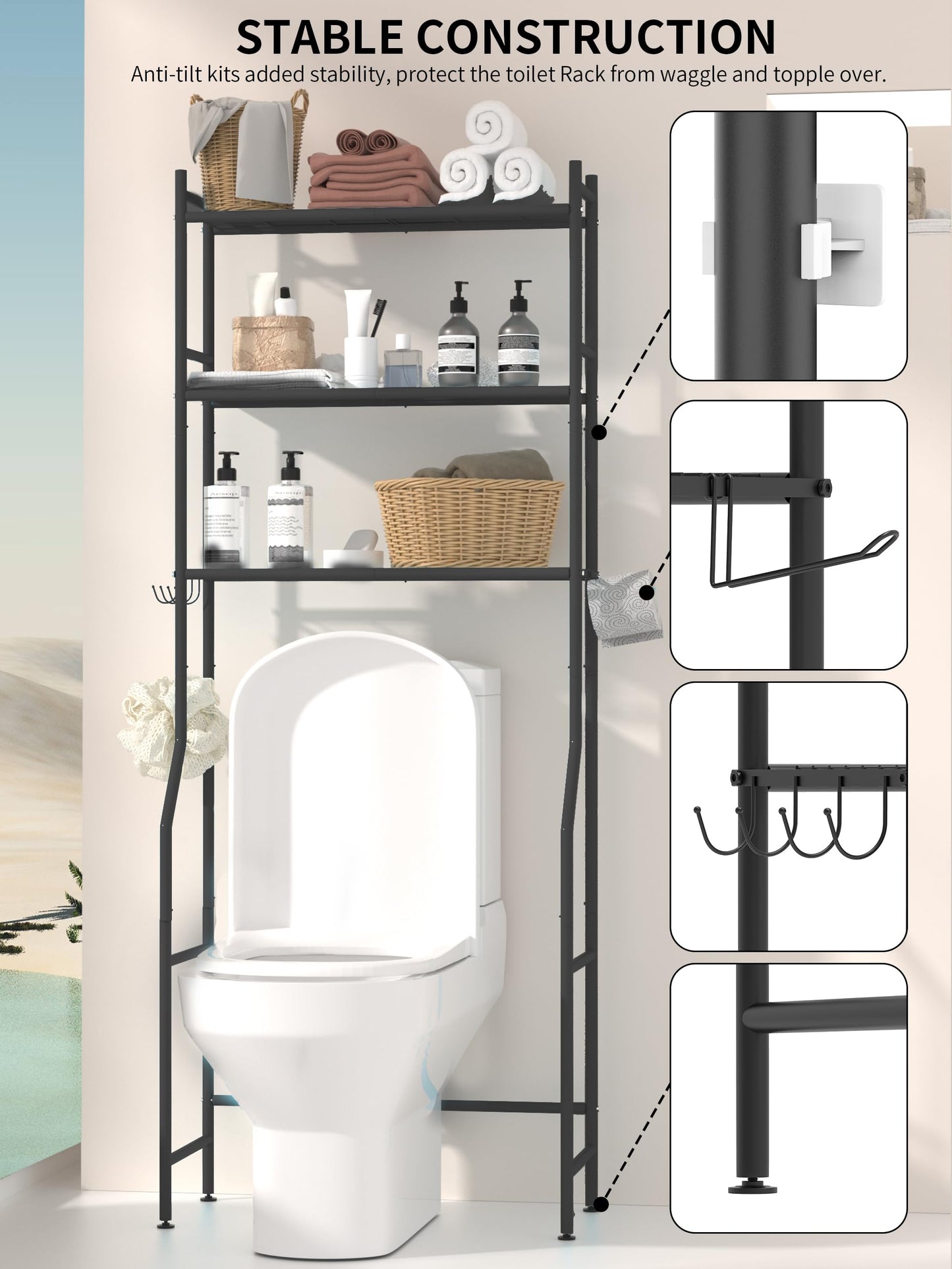 GloTika 3-Tier Over The Toilet Storage, Space Saver Metal Bathroom Shelves, Freestanding Above Over Toilet Storage Shelf with 4 Hooks for Bathroom, Black