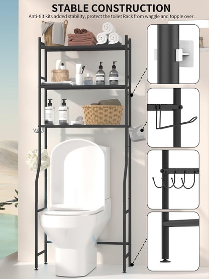 GloTika 3-Tier Over The Toilet Storage, Space Saver Metal Bathroom Shelves, Freestanding Above Over Toilet Storage Shelf with 4 Hooks for Bathroom, Black