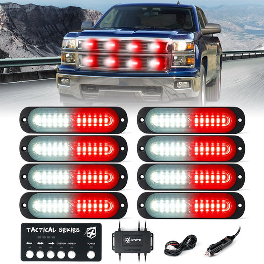 Xprite White Red LED Surface Mount Strobe Lights Kit, w/Control Panel Emergency Safety Warning Flashing Grille Cop Marker Light Assembly for Vehicles Trucks ATV UTV Motorcycle 8PCS