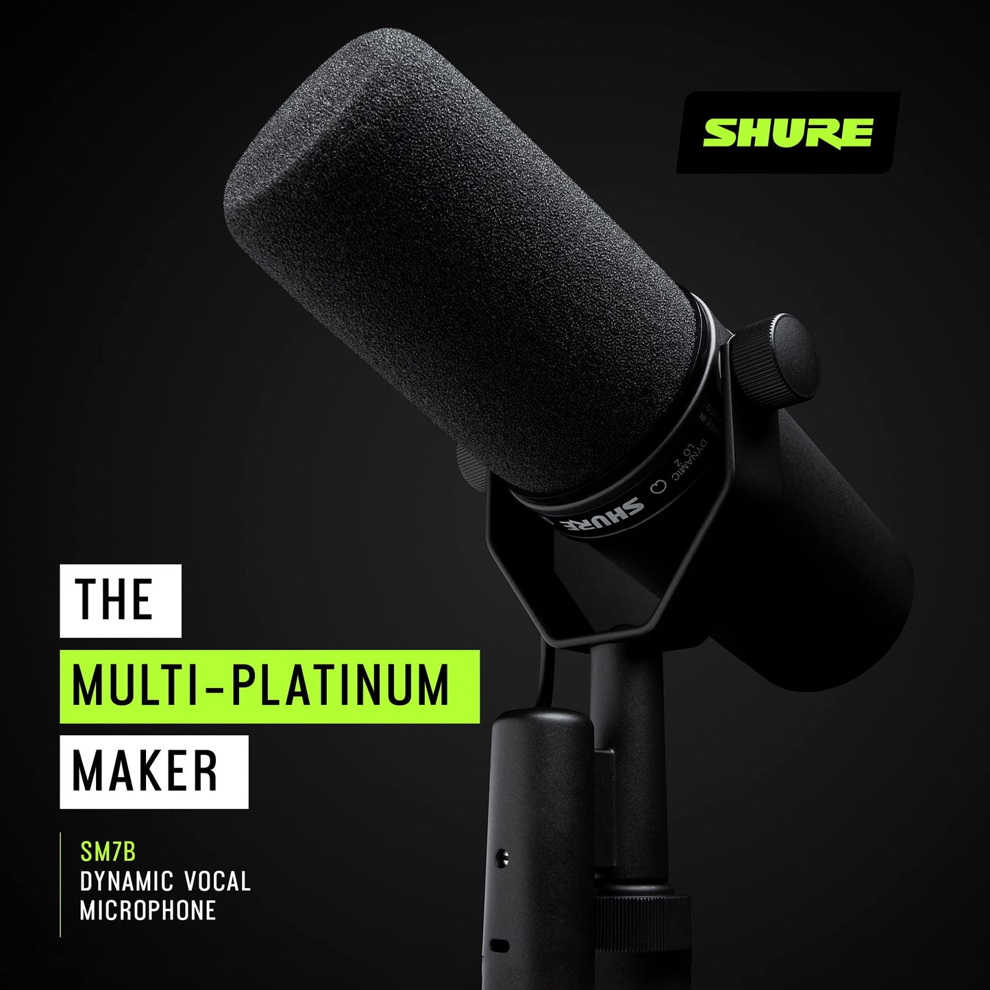 Shure SM7B Microphone - Vocal Dynamic Studio Mic for Broadcast, Podcast, Recording, Gaming & Streaming, XLR, Rugged Construction, Detachable Windscreen, Smooth Sound, Warm Vocals, Wide-Range Frequency