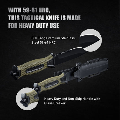 Leopcito 10" Fixed Blade Tactical Knives with Sheath and Clip, Stainless Steel Survival Hunting Bushcraft Full Tang Non-Slip Handle Knife for Camping, Hunting, Adventure, Outdoors, EDC，Military Green