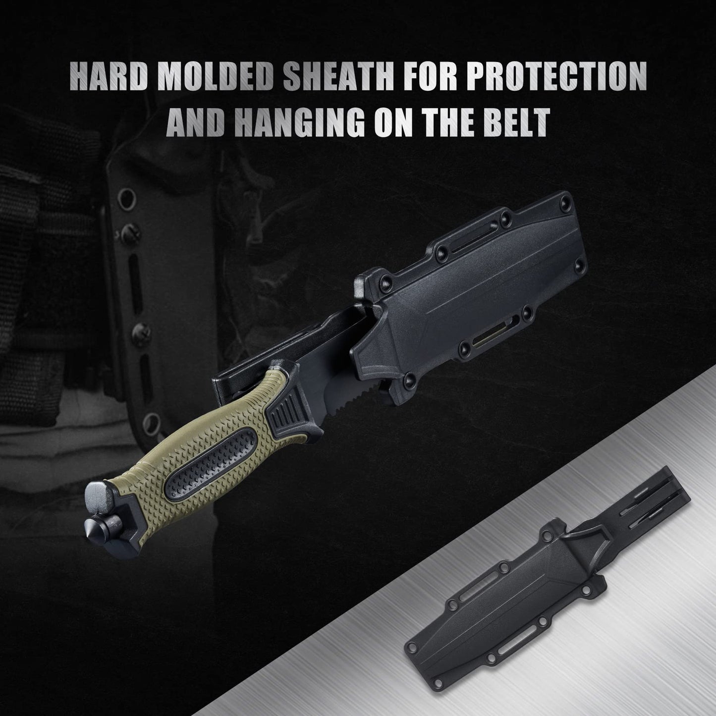 Leopcito 10" Fixed Blade Tactical Knives with Sheath and Clip, Stainless Steel Survival Hunting Bushcraft Full Tang Non-Slip Handle Knife for Camping, Hunting, Adventure, Outdoors, EDC，Military Green