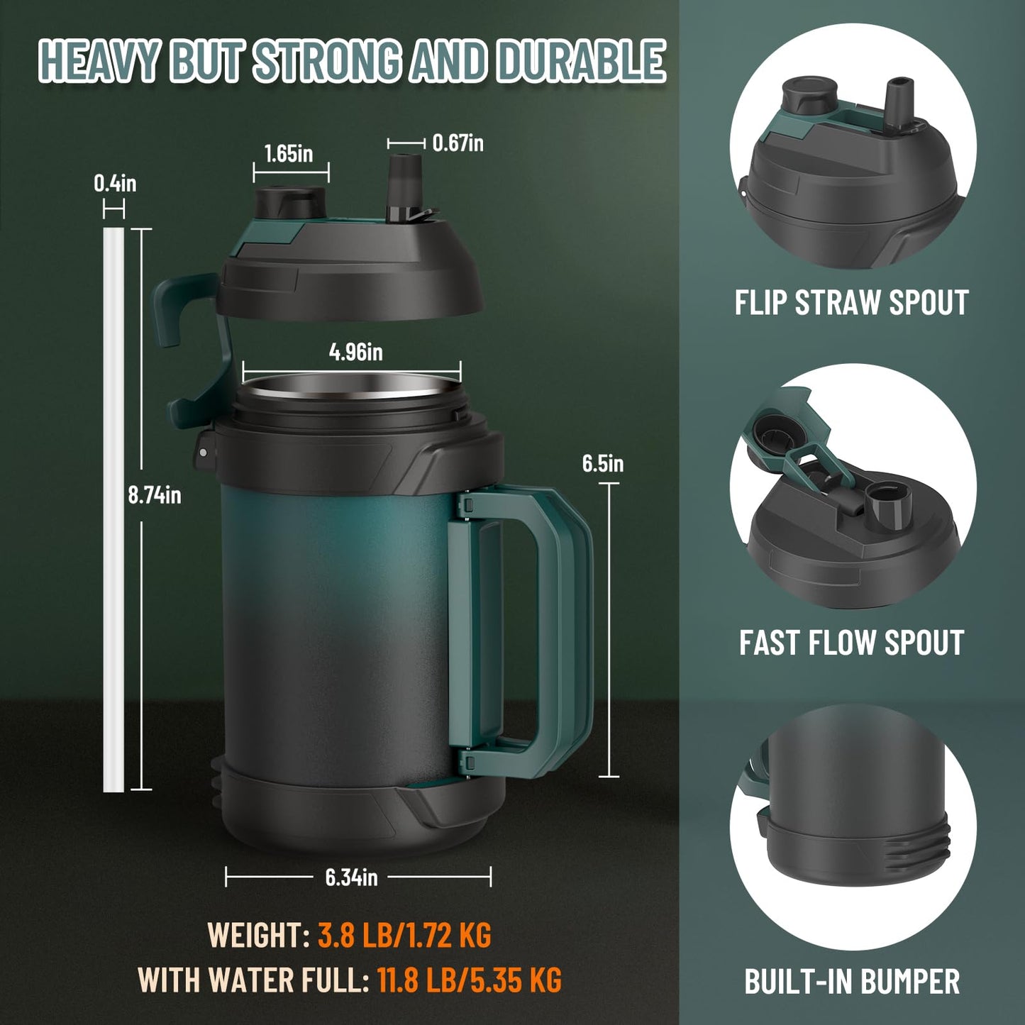 Zukro 1 Gallon Water Jug, One Gallon Large Triple Wall Insulated Metal Jug With Straw and Spout, No Sweat 128 oz Stainless Steel Sport Water Bottle Keeps Cold 48 Hours for Outdoors,