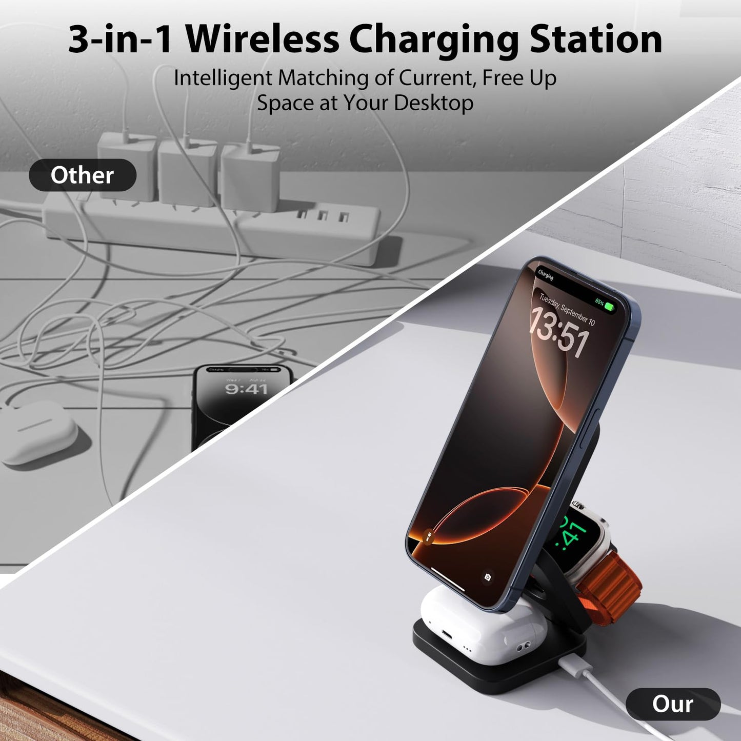 KU XIU X55 Foldable 3 in 1 Charging Station for Apple Devices, 15W Fast Magnetic Wireless Charger, Magent Travel Charger Stand for iPhone 16 15 14 13 12 Series, 5W for Apple Watch, AirPods-Black