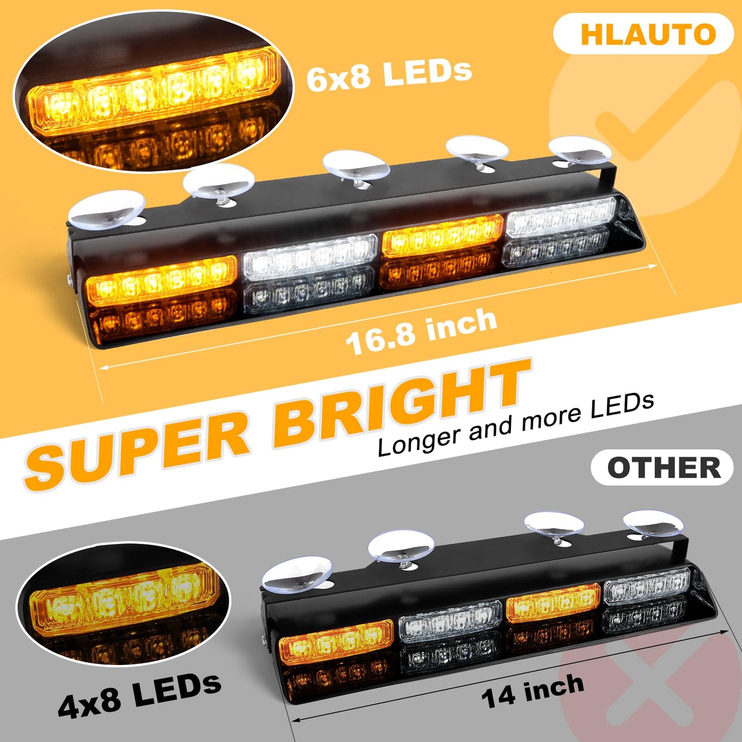 HLauto 604N Emergency Dash Strobe Lights w/Controller: 2x16.8 inch Amber White Security Light w/Take Down, 48 LED Safety Flashing Warning Hazard Interior Windshield Light Bar for Truck Vehicle