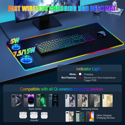 Mouse Pad with Phone Holder, Wireless Charging Desk Mat, RGB Gaming Mousepad Home Office Large Desk Pad with Ultra-Smooth Surface, Non-Slip Base, Waterproof Keyboard Pad,Black with 20W USB C Charger
