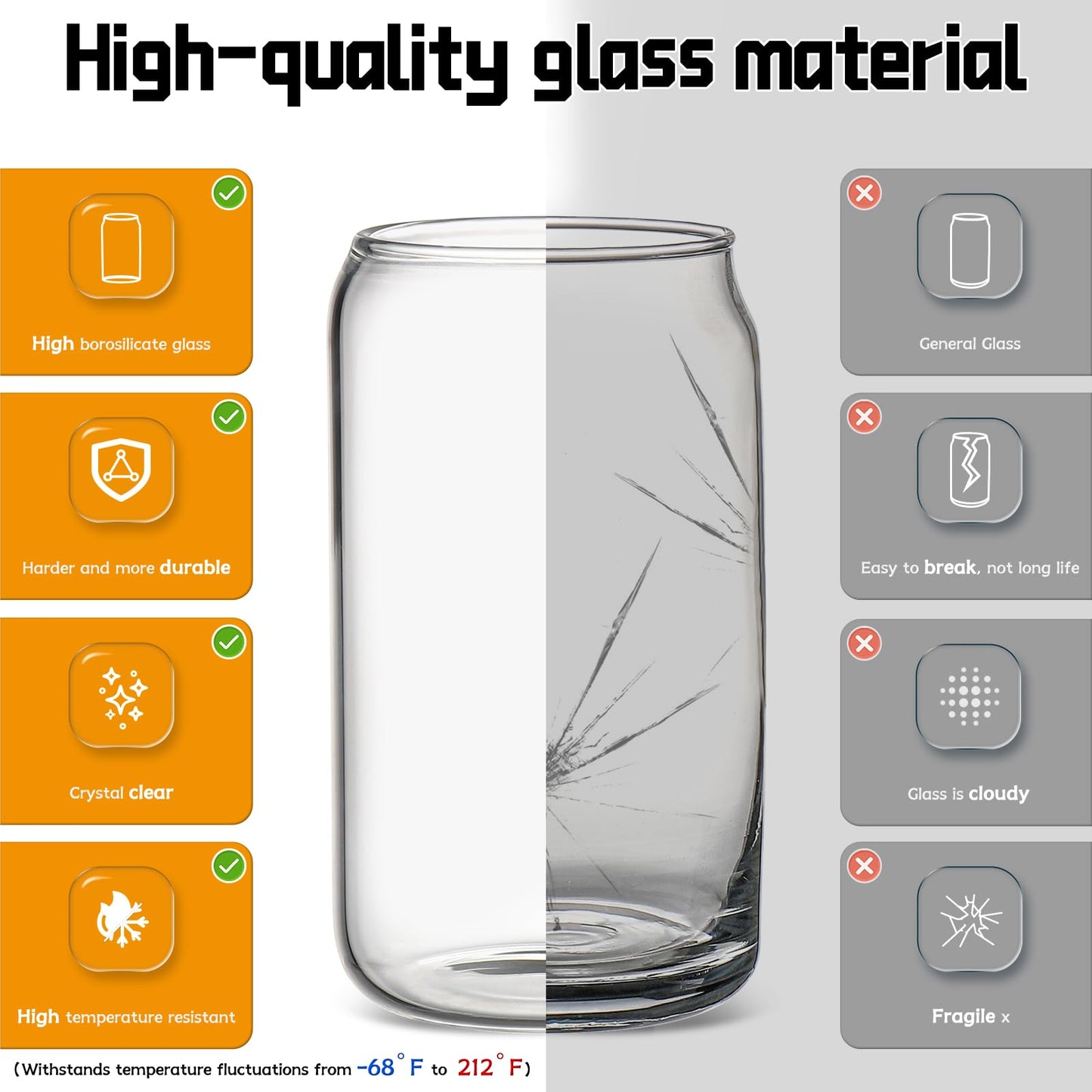 Glass Cups with Lids and Straws 6 pcs, 16 oz-DWTS Cute Tumbler,Beer Drinking Glasses,Clear for Iced Coffee, Tea with Bamboo Lids for Gifts