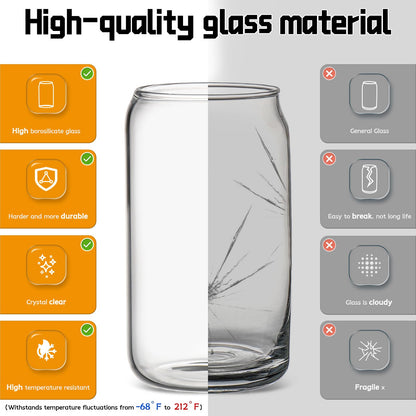 Glass Cups with Lids and Straws 6 pcs, 16 oz-DWTS Cute Tumbler,Beer Drinking Glasses,Clear for Iced Coffee, Tea with Bamboo Lids for Gifts