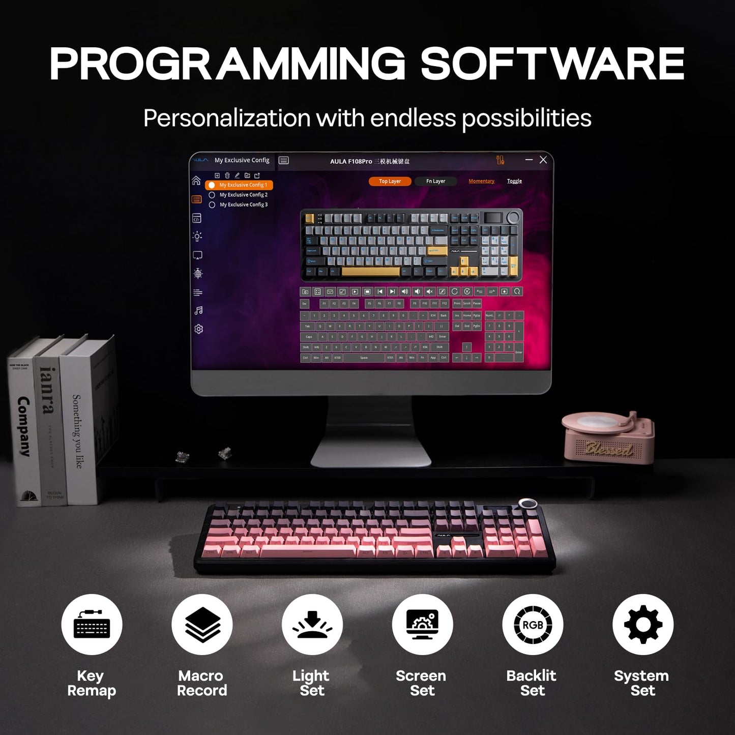 EPOMAKER X Aula F108 PRO Wireless Gaming Keyboard with Screen, 8000mAh Battery, 104 Hot-Swappable and Programmable Keys and Knob, RGB Backlight, for Mac/PC/Android (Pink Gradient)