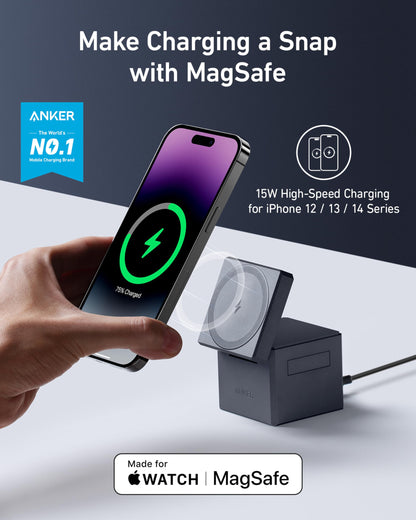 Anker MagSafe Charger Stand, iPhone 16 Wireless Charger, 3-in-1 Cube with MagSafe, 15W Foldable Fast Charging Stand, For iPhone 16/15/14/13, Apple Watch 1-8/Ultra, AirPods (30W USB-C Charger Included)