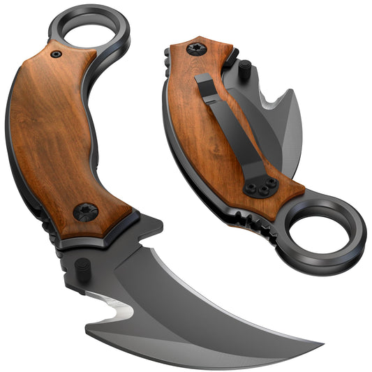 Karambit Knife with Wood Handle - Folding Curved Sharp Claw Blade - Best Pocket Knives for Camping Hiking EDC Survival Work Indoor and Outdoor Activities - Birthday Gifts Ideas for Men & Women X-52