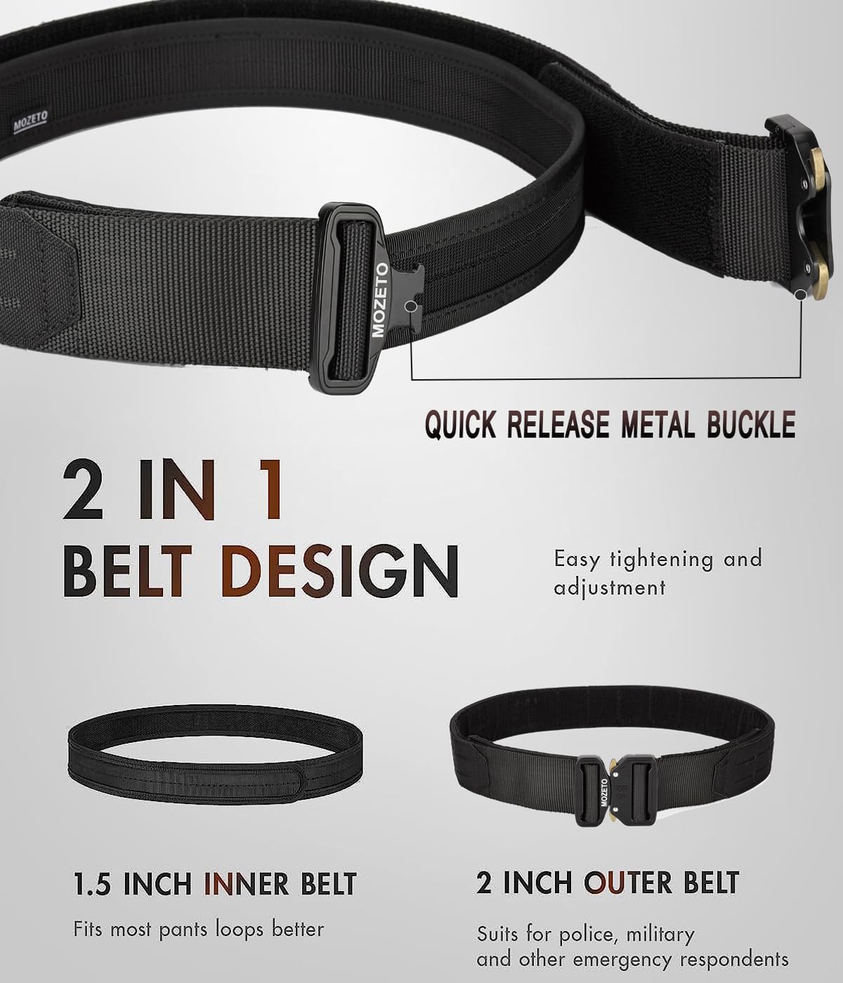 MOZETO Molle Battle Belt, 2" Battle Belts Tactical War Combat Quick Release Law Enforcement Duty Belts for Men