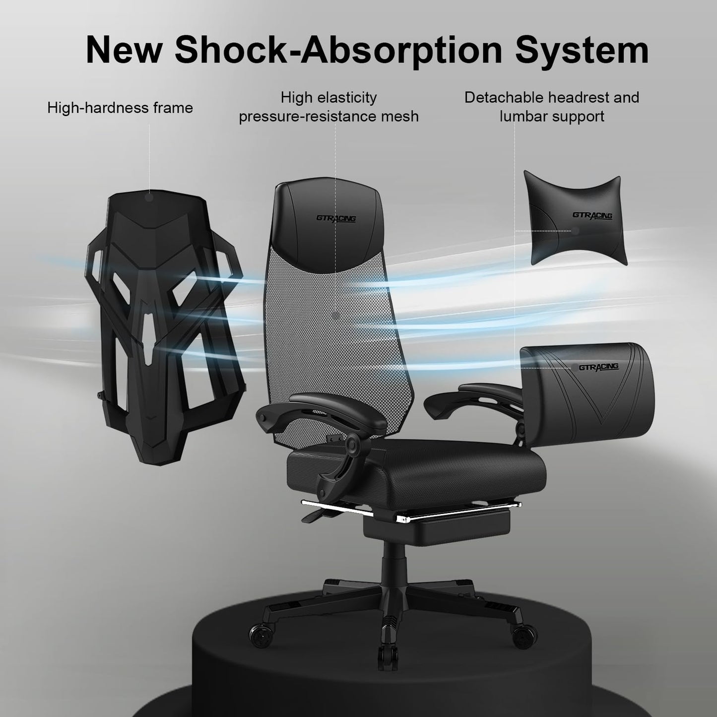 GTRACING Gaming Chair, Computer Chair with Mesh Back, Ergonomic Gaming Chair with Footrest, Reclining Gamer Chair with Adjustable Headrest and Lumbar Support for Gaming and Office (Black)