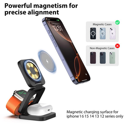KU XIU X55 Foldable 3 in 1 Charging Station for Apple Devices, 15W Fast Magnetic Wireless Charger, Magent Travel Charger Stand for iPhone 16 15 14 13 12 Series, 5W for Apple Watch, AirPods-Black